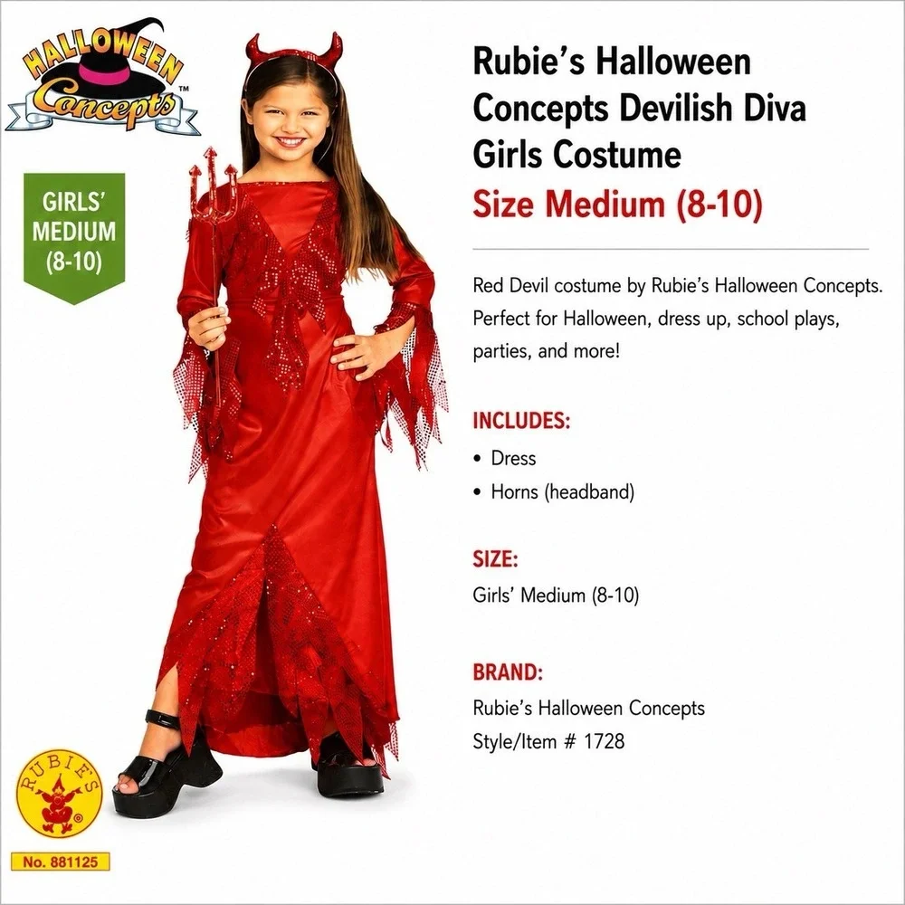 Rubie's Devilish Diva Girls Devil Costume Medium 8-10 Dress Horns Halloween